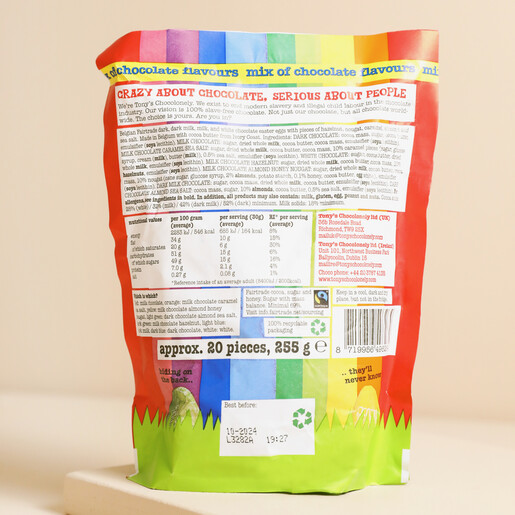 Back of Packaging of Tony's Chocolonely Egg-stra Special Mix of Chocolate Mini Eggs