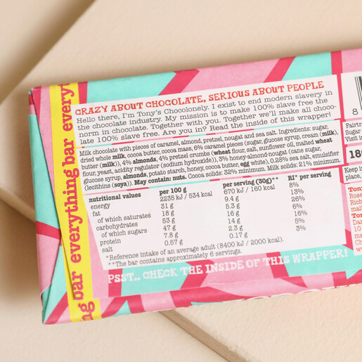 Back of Tony's Chocolonely Milk Chocolate Everything Bar showing ingredients