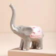 Ellie the Elephant Ring Holder on top of raised surface with neutral coloured backdrop