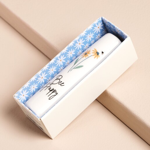 Tiny Bee Happy Ceramic Bud Vase inside of gift box against beige background