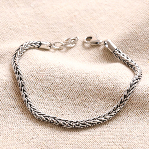Men's Sterling Silver Foxtail Chain Bracelet on top of neutral coloured fabric