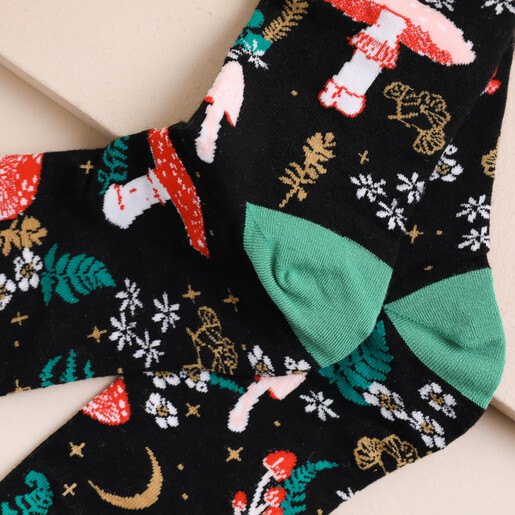 Close up of details on House of Disaster Forage Black Toadstool Socks