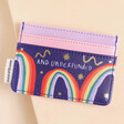 House of Disaster Small Talk Overwhelmed Rainbow Card Holder with navy blue and lilac side against neutral background