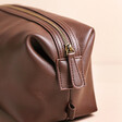 Close Up of Zipper on Men's Vegan Leather Wash Bag in Brown