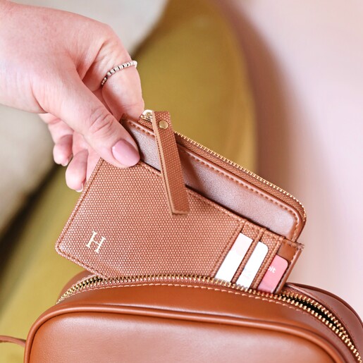 Personalised Tan Card buy Wallet| Small Leather Wallet | Business Card Holder | Minimal Zipped Wallet