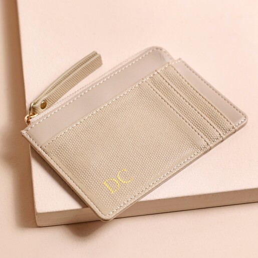 Beige Card Holder Personalised Vegan Leather Card Holder in beige on top of neutral coloured backdrop