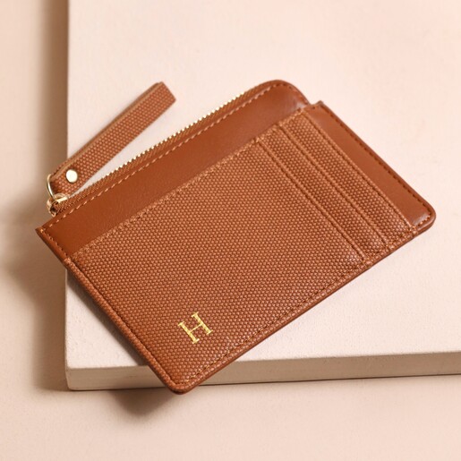 Tan Card Holder Personalised Vegan Leather Card Holder in tan on top of beige coloured background