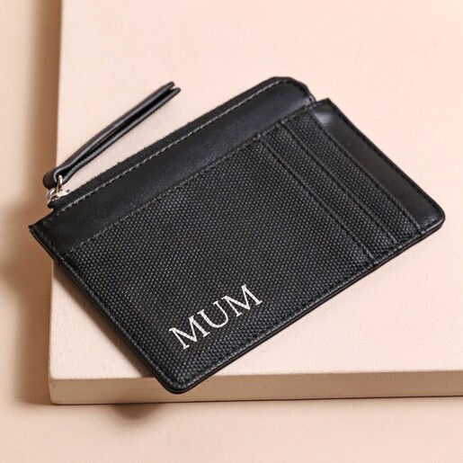 Black Card Holder Personalised Vegan Leather Card Holder in black on top of beige coloured background