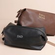 Personalised Father's Day Vegan Leather Wash Bags in brown and black against beige backdrop