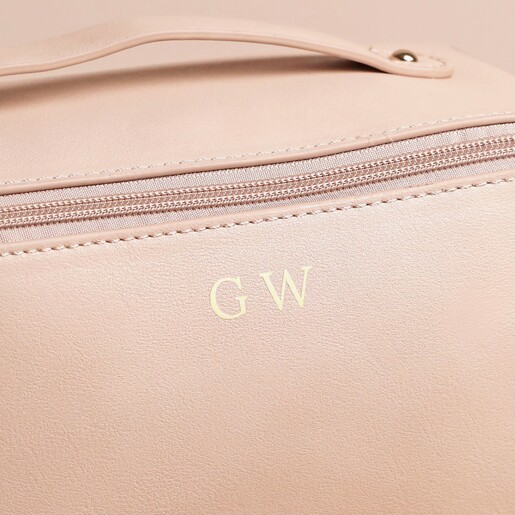 Close Up of Initials on Personalised Rectangular Makeup Bag in Pink