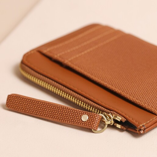 Tan Card Holder Close up of zip on Personalised Vegan Leather Card Holder in tan against neutral background