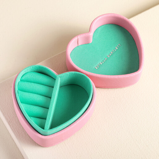 Open Estella Bartlett Mini Heart Shape Jewellery Box in Pink on Beige Surface