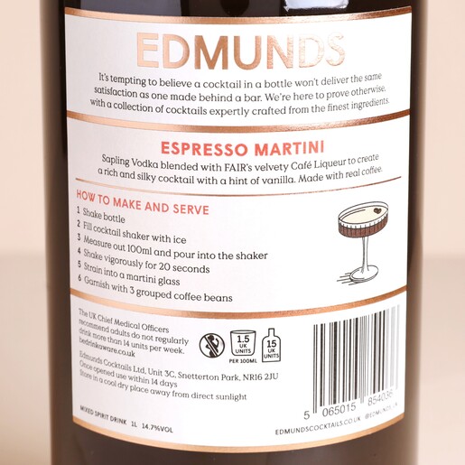 Ingredient List For Bottle of 1L Edmunds Cocktails Espresso Martini