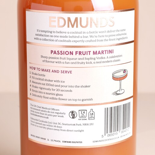 Ingredient List For Bottle of 1L Edmunds Cocktails Passion Fruit Martini