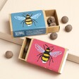 Seedball Assorted Bee Seed Ball Matchbox Gifts in blue and pink against beige coloured background