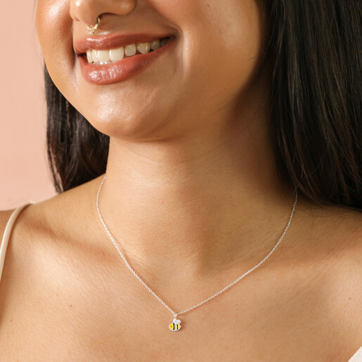 Model Shot Sterling Silver Tiny Bee Pendant Necklace on Model