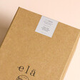 Close up of label on Elä Life Begin No. 1 Pom Pom Flower Diffuser gift box