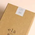 Close up of label on Elä Life Begin No. 1 Pom Pom Flower Diffuser gift box