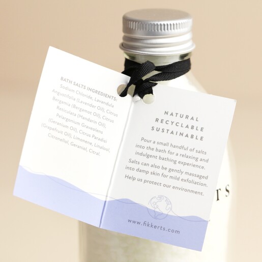 Inside of label on Fikkerts For Life Lavender and Geranium Bath Salts