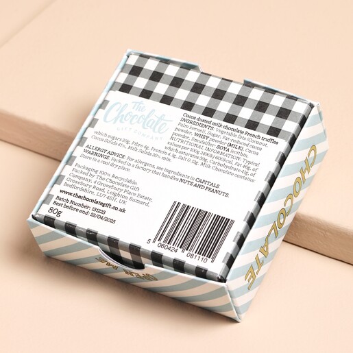 Back of The Truffle Hunter Cocoa Dusted Milk Chocolate Truffles packaging showing ingredients and nutritional information