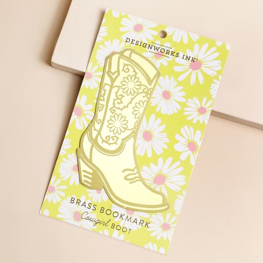 Designworks Ink Cowboy Boot Metal Bookmark on Packaging Card on Pink Surface