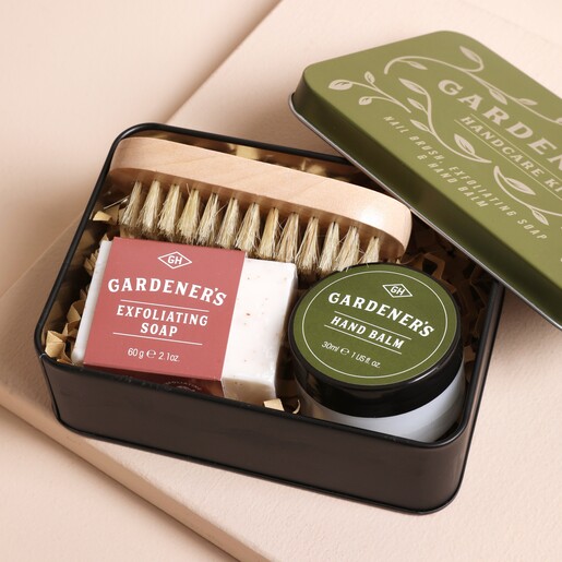 Products in Tin Open Tin of Gentlemen's Hardware Gardener's Hand Care Kit With Products Inside