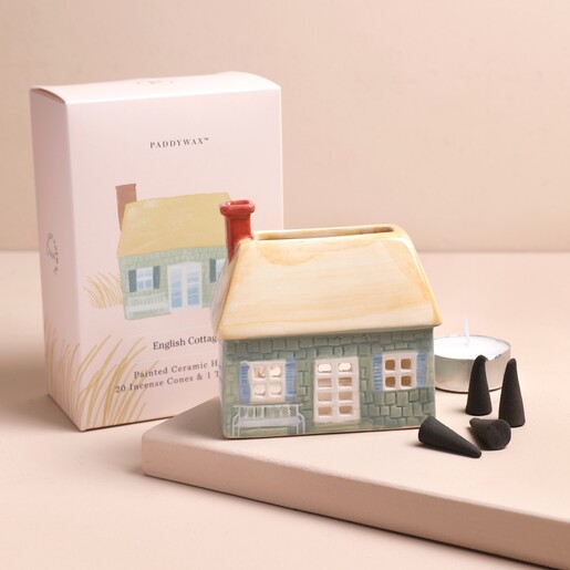 Paddywax Ceramic Cottage Incense and Tealight Holder out of Box on Pink Surface