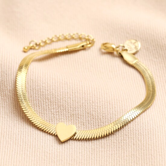 Gold Stainless Steel Heart Charm Herringbone Bracelet