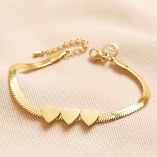 Gold Stainless Steel Three Heart Charm Herringbone Bracelet