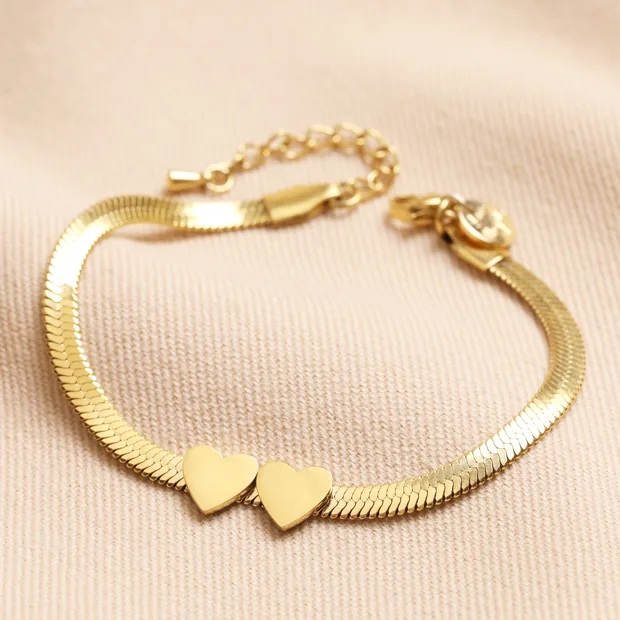 Gold Stainless Steel Two Heart Charm Herringbone Bracelet Gold Stainless Steel Two Heart Charm Herringbone Bracelet