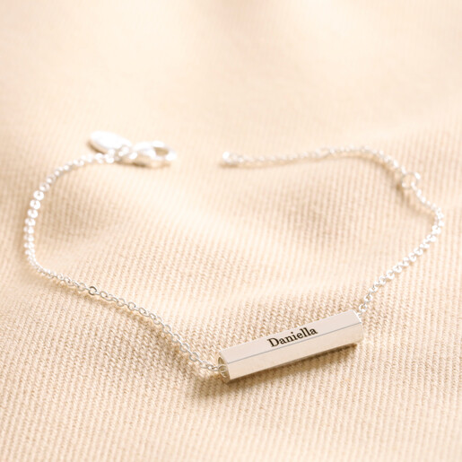 Personalised Hexagonal Barrel Charm Bracelet in Silver Personalised Hexagonal Barrel Charm Bracelet in silver on top of beige coloured material
