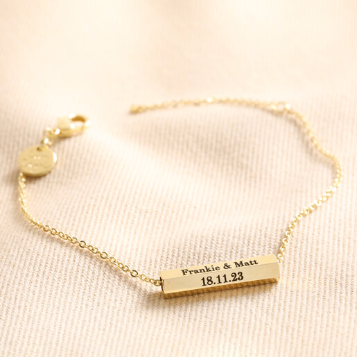 Personalised Hexagonal Barrel Charm Bracelet in Gold Personalised Hexagonal Barrel Charm Bracelet on beige coloured fabric