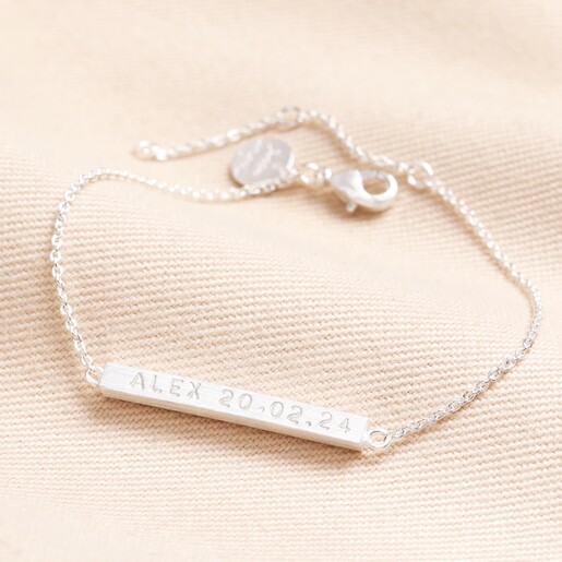 Personalised Horizontal Bar Bracelet in Silver on Beige fabric