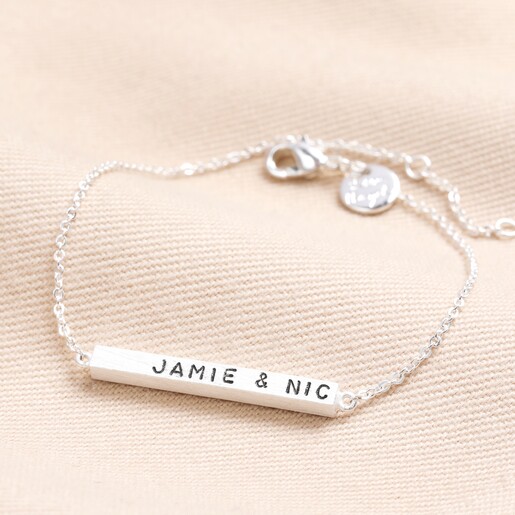 Personalised Horizontal Bar Bracelet in Silver on Beige Fabric with Blackened Hand Stamping 