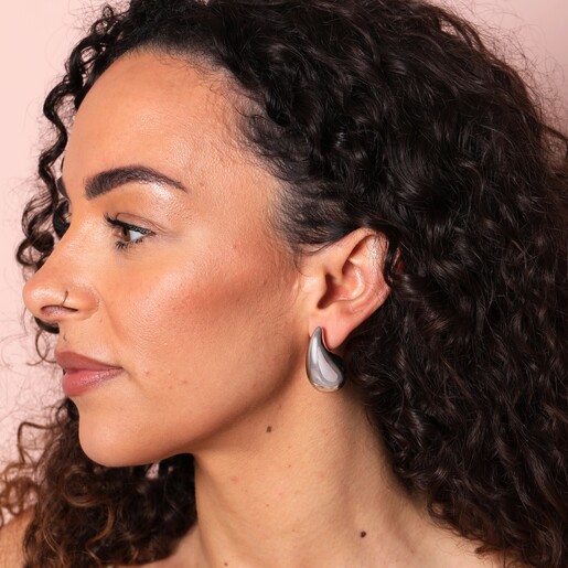 Chunky Teardrop Drop Stud Earrings in Silver on Model