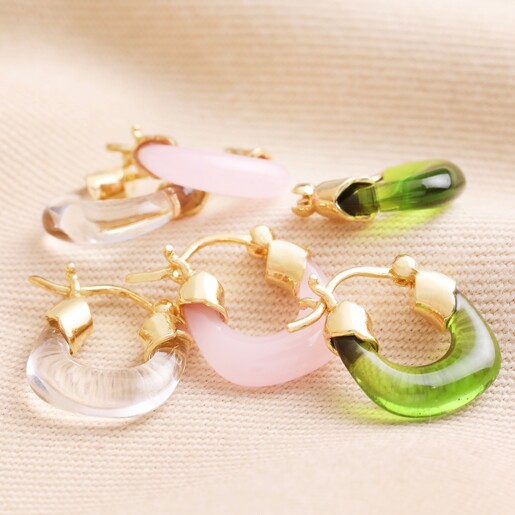 Clear Resin Huggie Hoop Earrings in Gold with Pink and Green Versions also Available