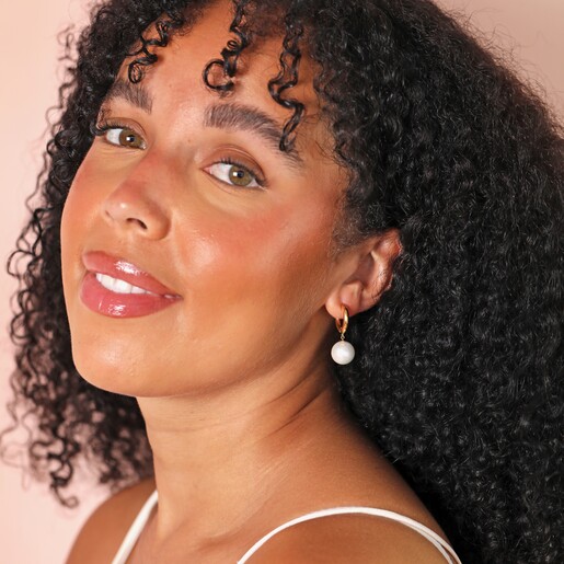 Model Shot Model Shot of Gold Stainless Steel Large Pearl Drop Huggie Hoop Earrings