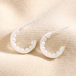 Encased Pearl Huggie Hoop Earrings in Silver