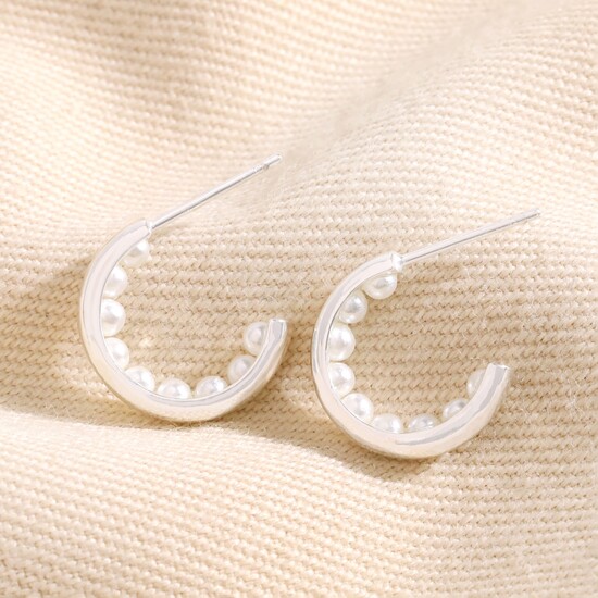 Encased Pearl Huggie Hoop Earrings in Silver