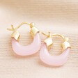 Pink Resin Huggie Hoop Earrings in Gold on Beige Fabric