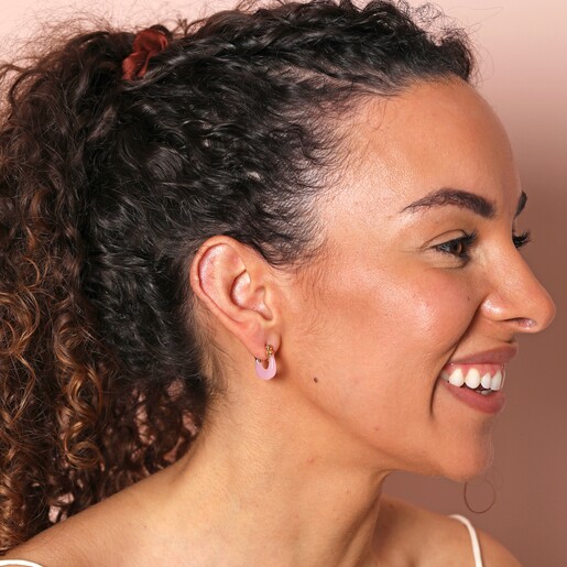 Pink Resin Huggie Hoop Earrings in Gold on Model