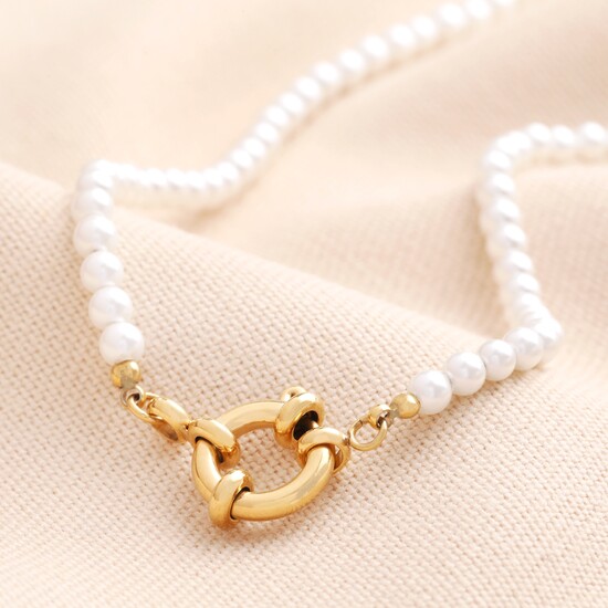 Stainless Steel Pearl Toggle Necklace in Gold