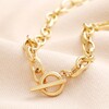 Gold Stainless Steel T-Bar Oval Link Chain Necklace on Beige Background