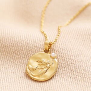 Mermaid Coin Pendant Necklace with Pearl Brushed Gold 