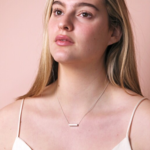 Personalised Hexagonal Barrel Pendant Necklace in silver on model