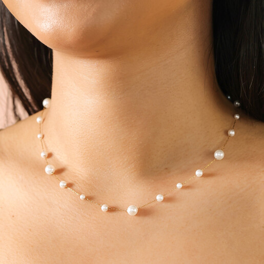 thumbnail image 2 of 18K Gold Plated Stainless Steel Pearl 2-Layer Chain Necklace - Adjustable 17.5in 2 of 4