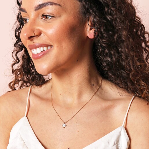 White Enamel Mushroom Pendant Necklace in Gold on Model