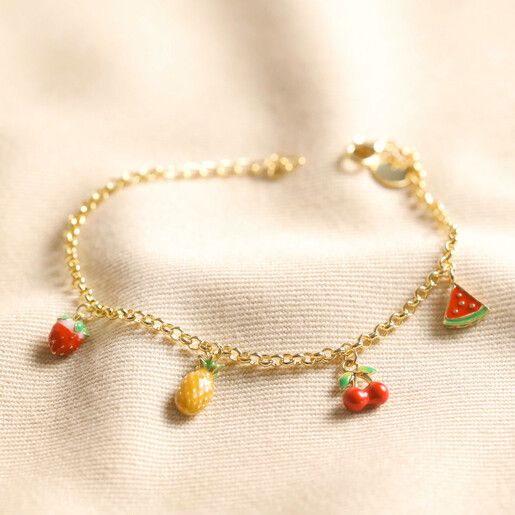 Fruit Charm Bracelet in Gold Fruit Charm Bracelet in Gold on Beige Fabric