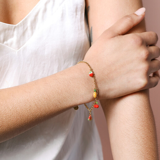 Model Wearing Bracelet Fruit Charm Bracelet in Gold on Model