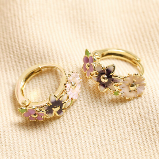 Purple Enamel Floral Huggie Hoop Earrings in Gold
